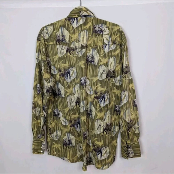 Wrangler Men's L Western Shirt Top Pearl Snap Bull Longhorn Green Rodeo Cowboy - Picture 2 of 8